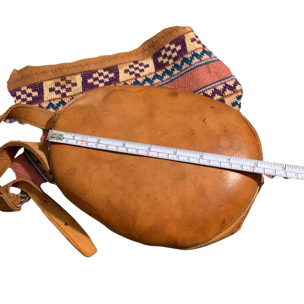 Vintage Leather Wool Kilim Drawstring Backpack Large Multi-Color Tooled Bag Boho - Picture 12 of 15